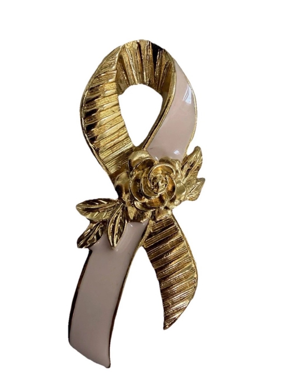 Vintage Avon Gold Tone Pink Enamel Breast Cancer Awareness Ribbon Lapel Pin Rose